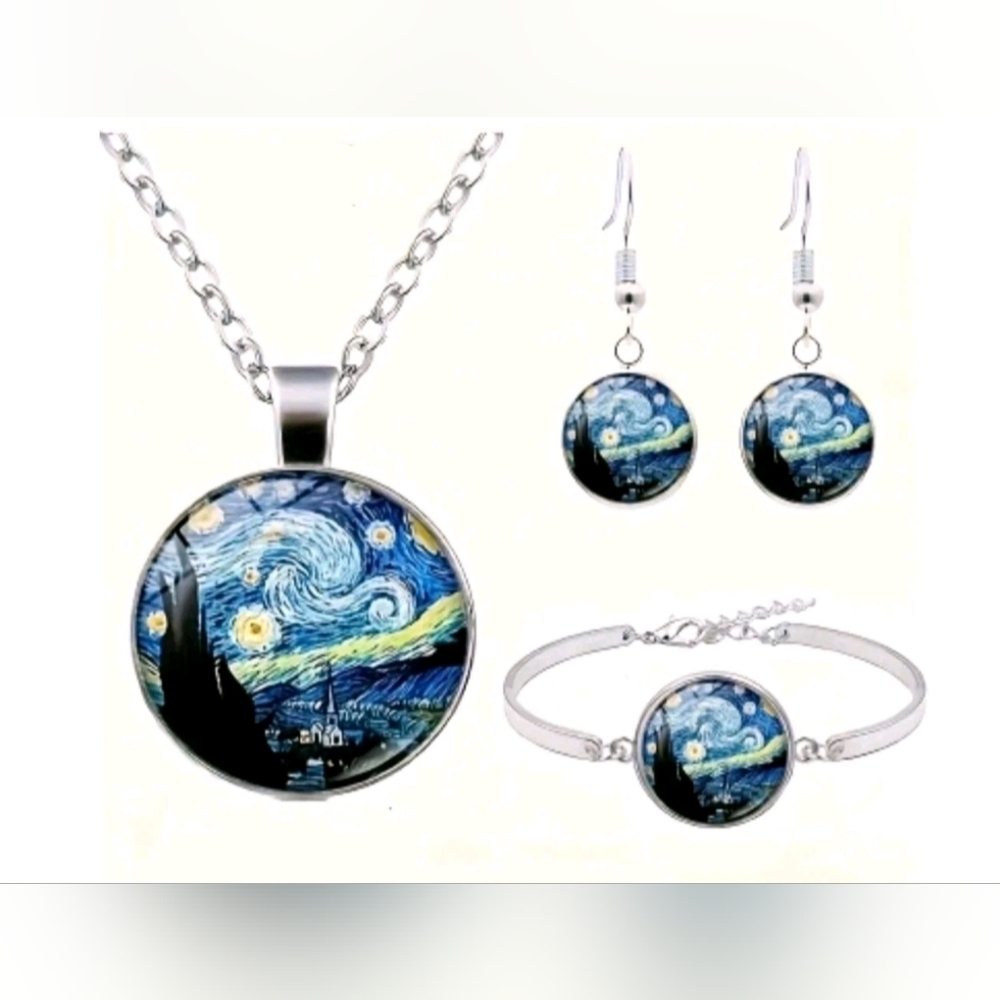 Vincent Van Gogh Starry Night Art Oil Painting Necklace, Earrings & Bracelet Set